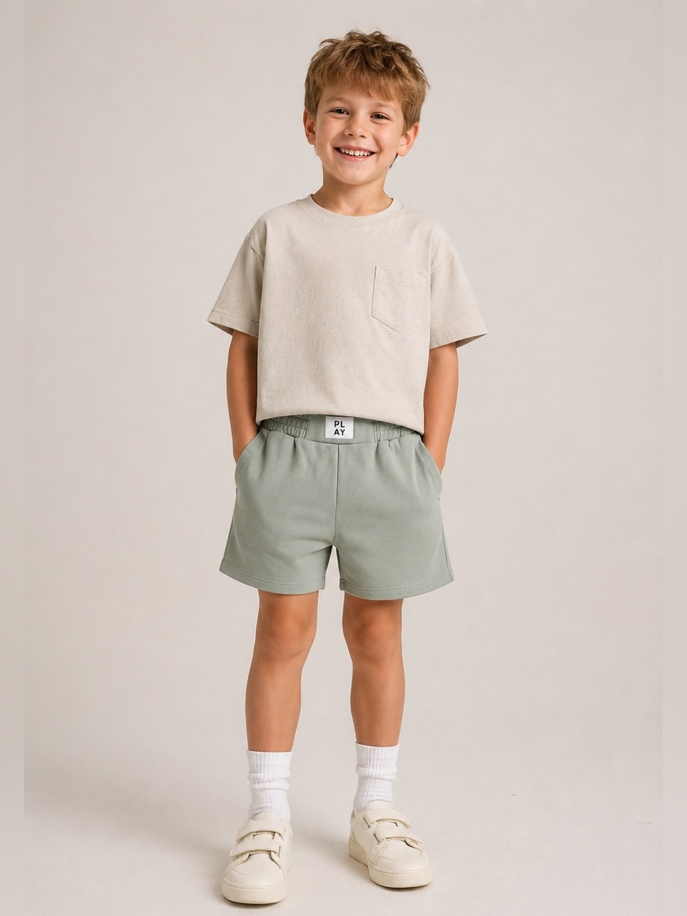 Rylee + Cru PLAY Boys Sage Green Fleece Shorts Size 8-9Y Cotton Blend Pockets